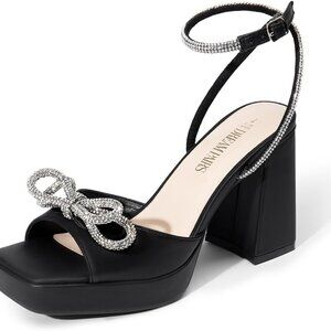 Women's Platform Chunky Heels Faux Leather Rhinestone Bow Dress Sandals for Wedd